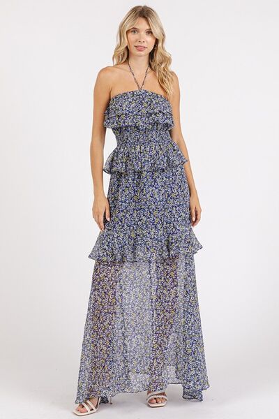 Mittoshop Ruffled Smocked Floral Halter Neck Maxi Dress