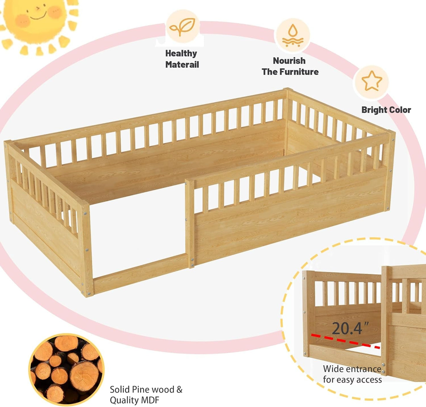 Floor Bed for Kids, Twin Size Montessori Bed with High Fence Railings,