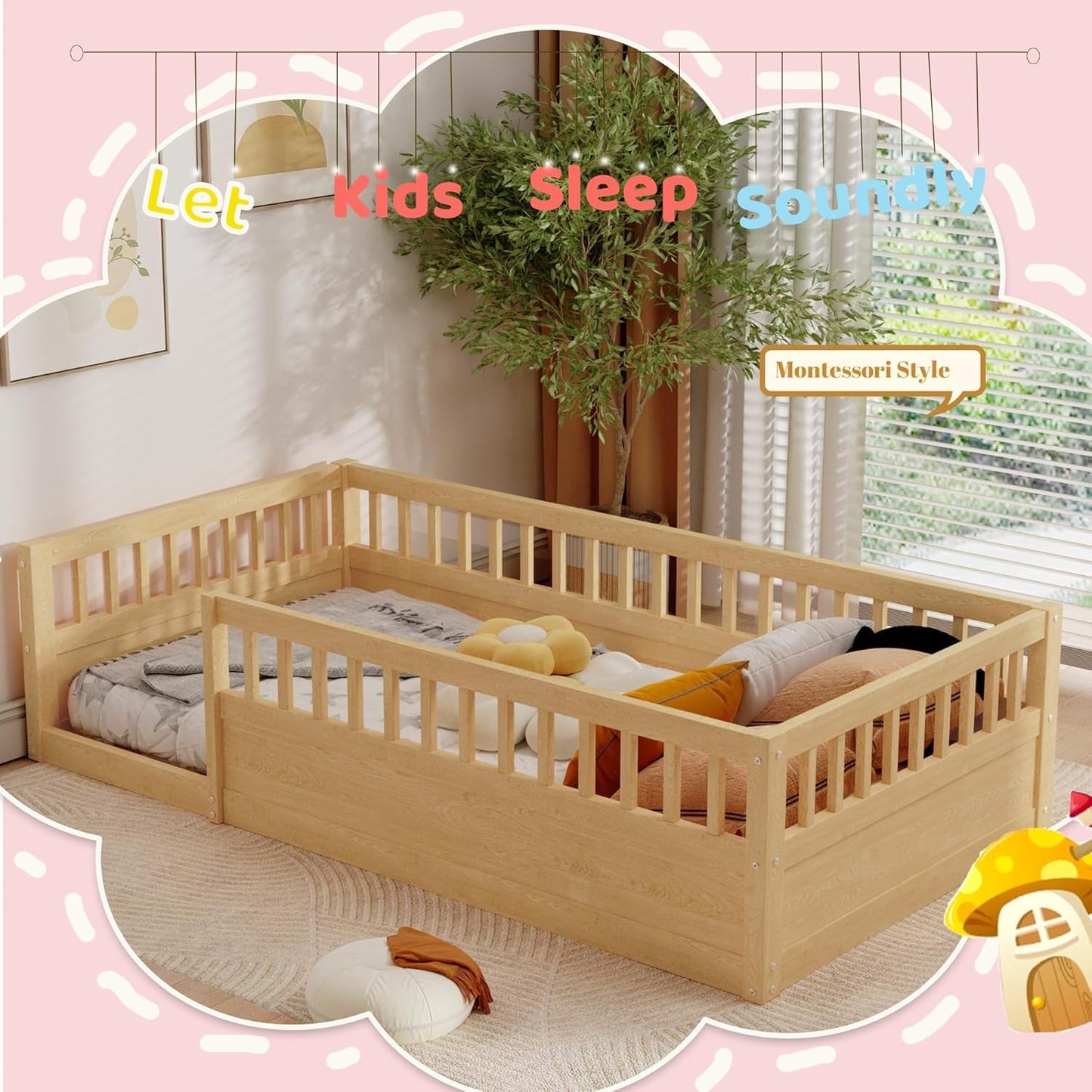 Floor Bed for Kids, Twin Size Montessori Bed with High Fence Railings,