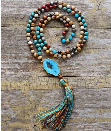 Gilded Druzy Turquoise & Jasper Tassel Necklace