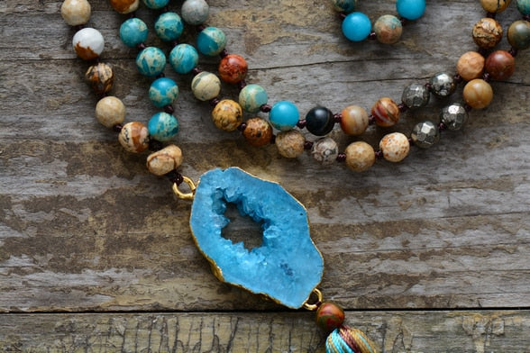 Gilded Druzy Turquoise & Jasper Tassel Necklace